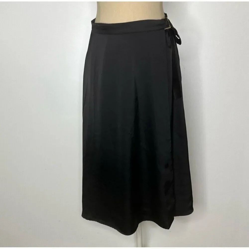 h&m women's solid black satin wrap midi skirt 8 Medium
